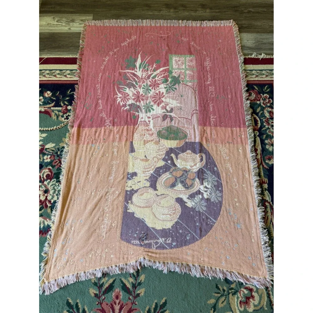 Vintage D Morgan Tea Time Woven Tapestry Throw Blanket Cottagecore‎ Fringe 69x46